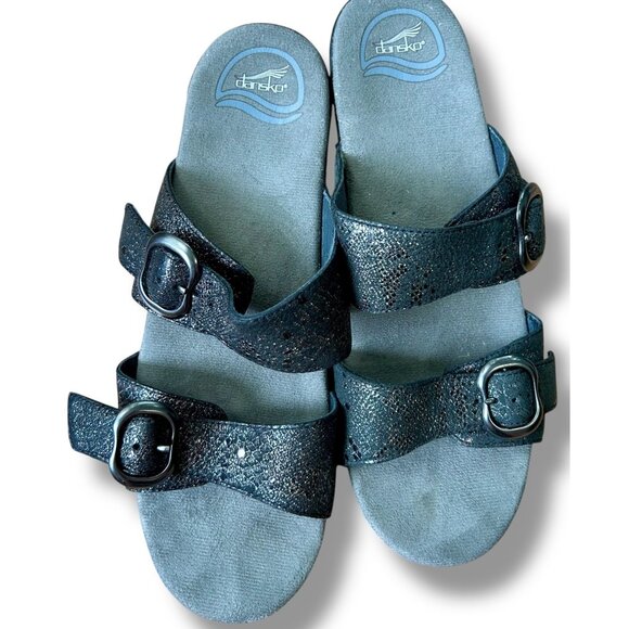 Dansko Sophie Metallic Phython Wedge Slides Black Speckles - Picture 2 of 11